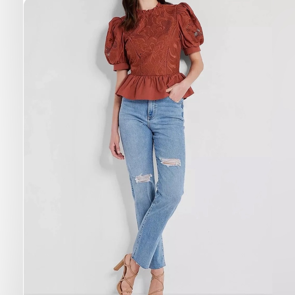 EXPRESS Women’s Short Puff Sleeve Lace Top - Picture 6 of 6